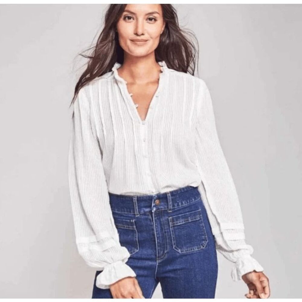 Faherty Willa Blouse Peasant Top Cotton Gauze Embroidered Ruffle White Large